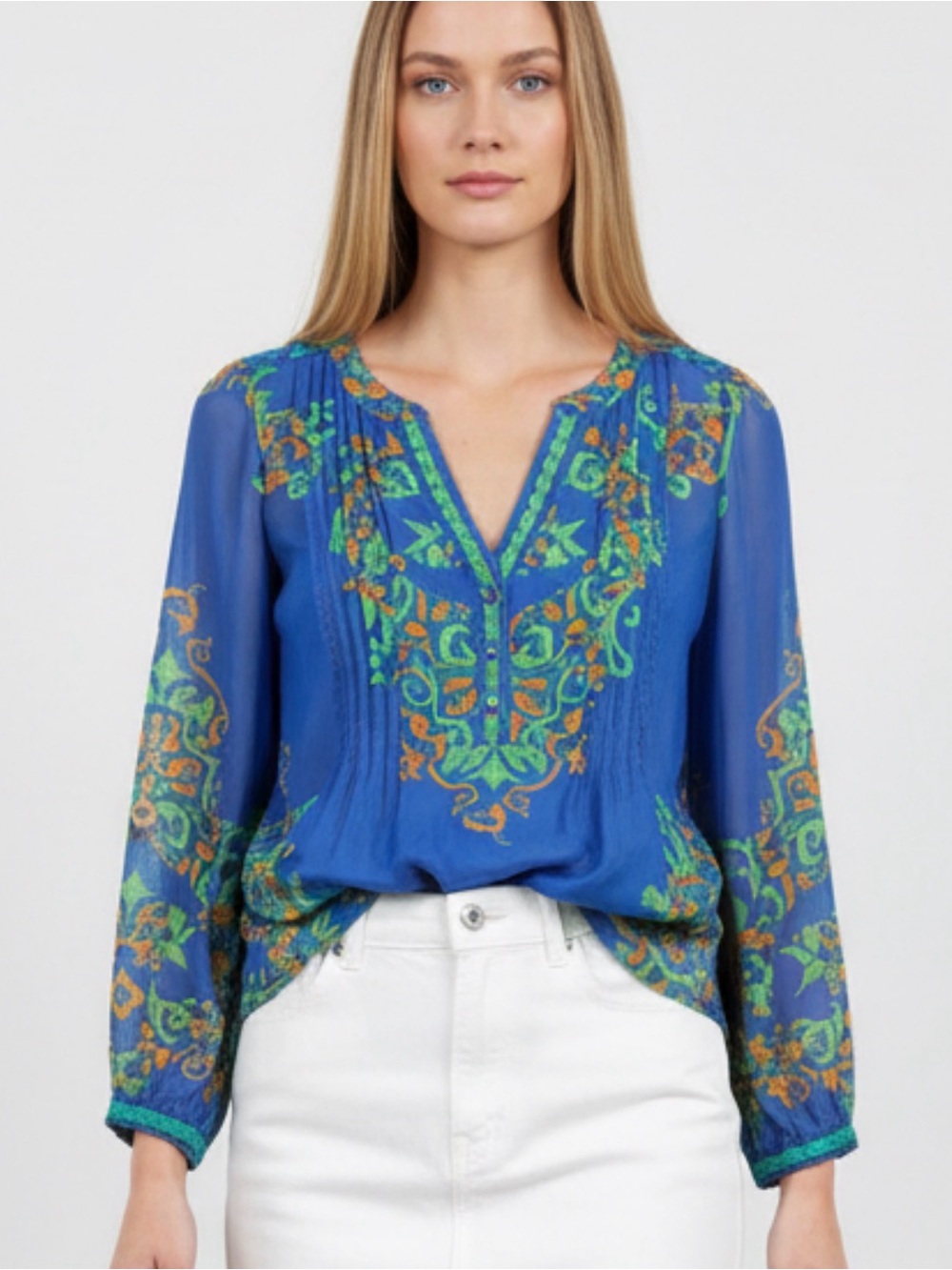 Hale Bob silk Blue semi sheer Peasant Blouse - Women's Top size small